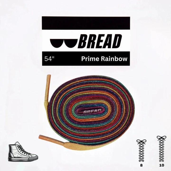 Colorful Prime Rainbow elastic shoelaces by Bread, showing vibrant rainbow pattern on smooth, flexible elastic laces for sneakers.