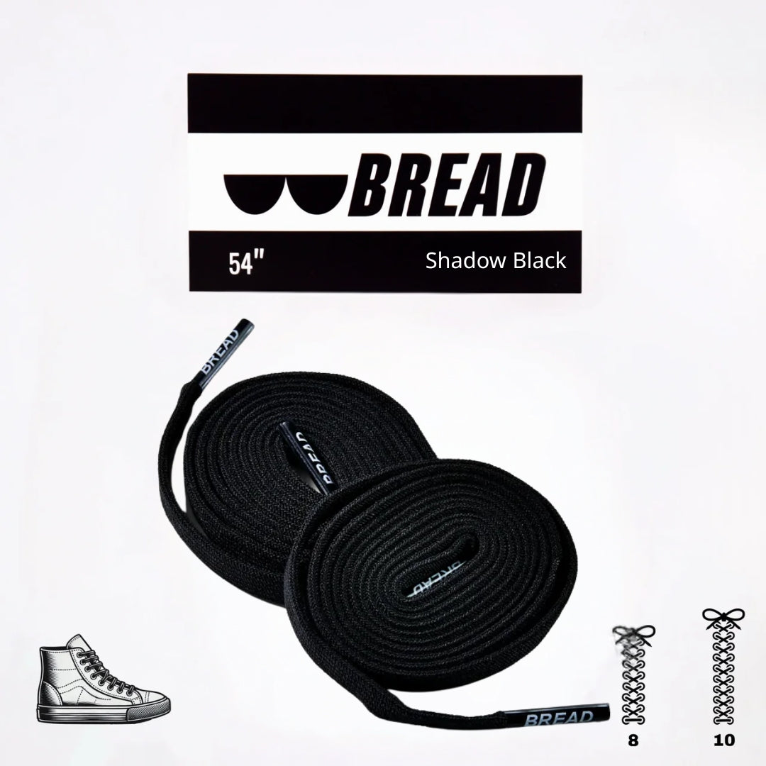 Sparkly black elastic shoelace by Bread, featuring a shiny, flexible design ideal for comfortable, stylish footwear.