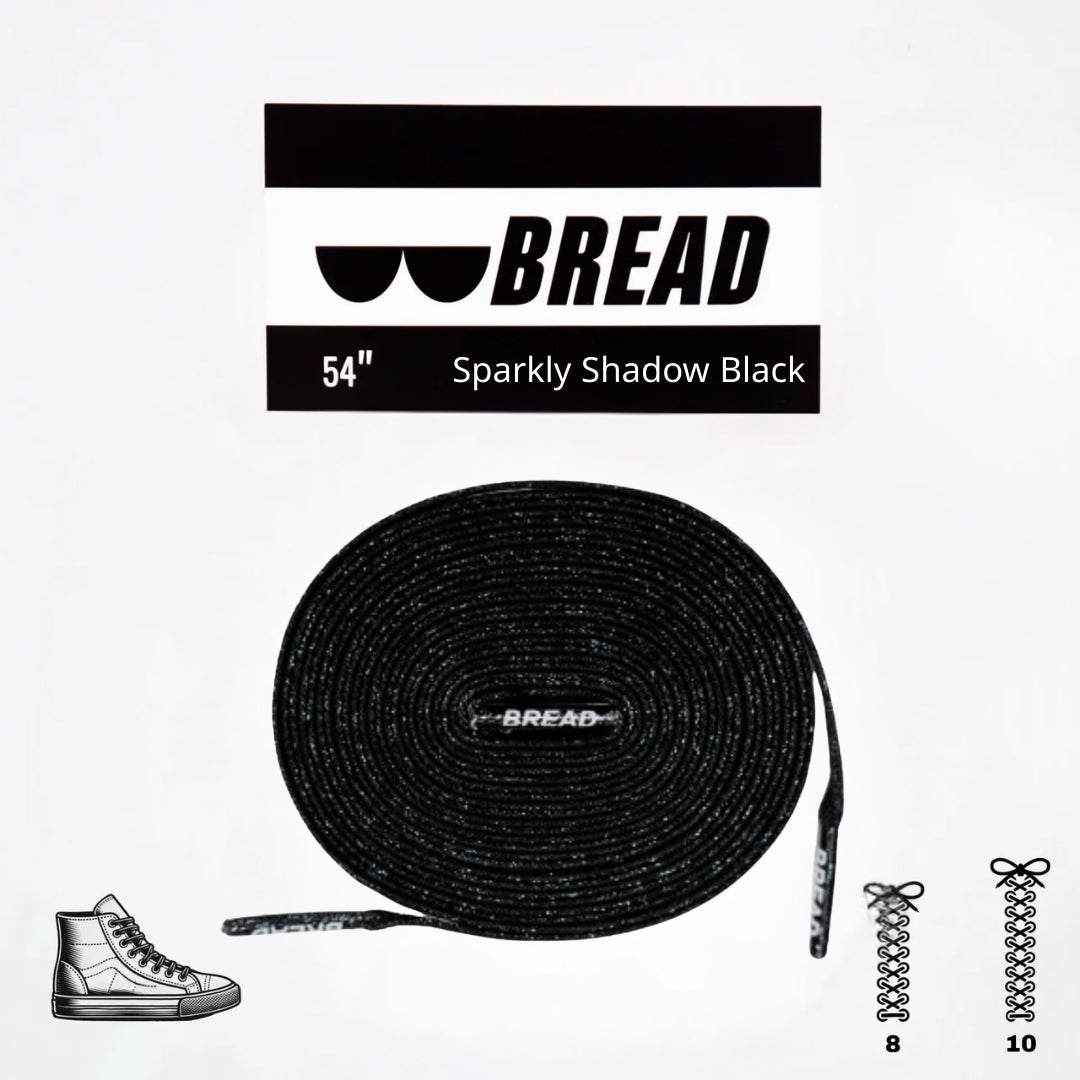 Sparkly black Bread elastic shoelace labeled Shadow Black, featuring a stretchy, decorative design for comfortable fit.