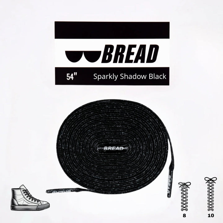 Sparkly black Bread elastic shoelace labeled Shadow Black, featuring a stretchy, decorative design for comfortable fit.
