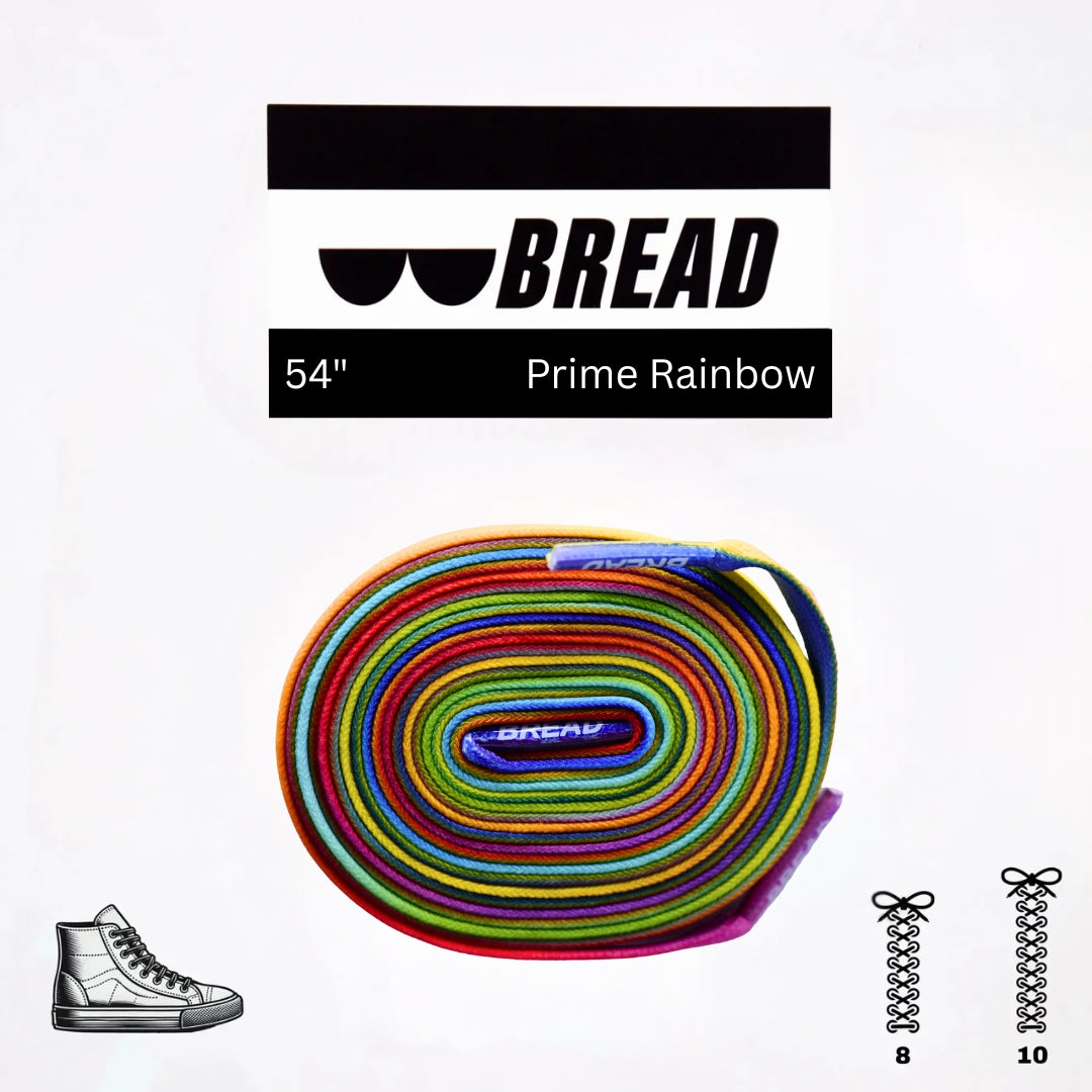 Colorful Bread Prime Rainbow elastic shoelace with vibrant rainbow pattern and durable stretch for sneakers or athletic shoes.