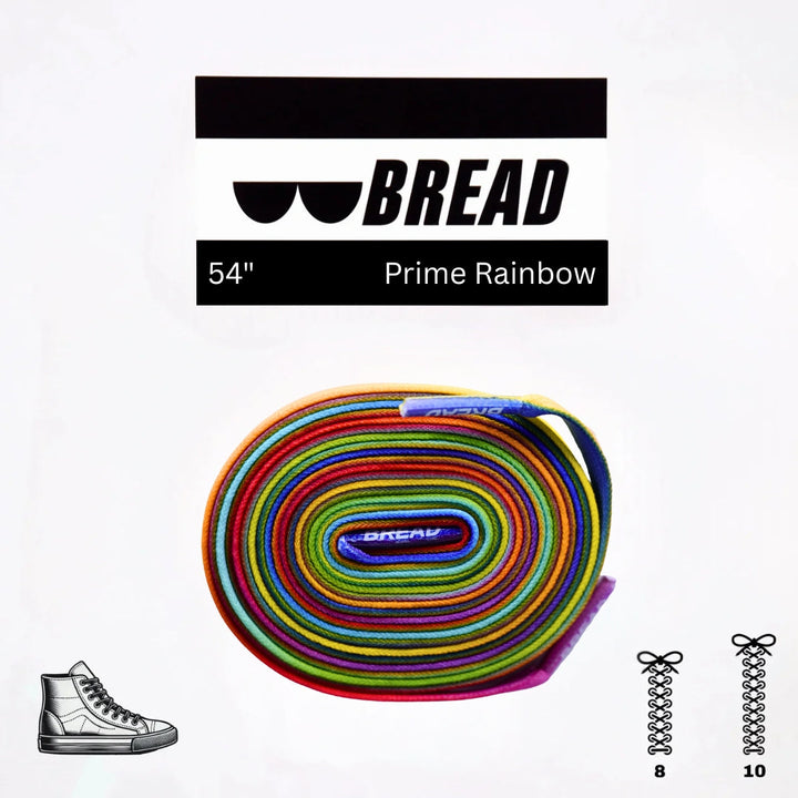 Colorful Bread Prime Rainbow elastic shoelace with vibrant rainbow pattern and durable stretch for sneakers or athletic shoes.
