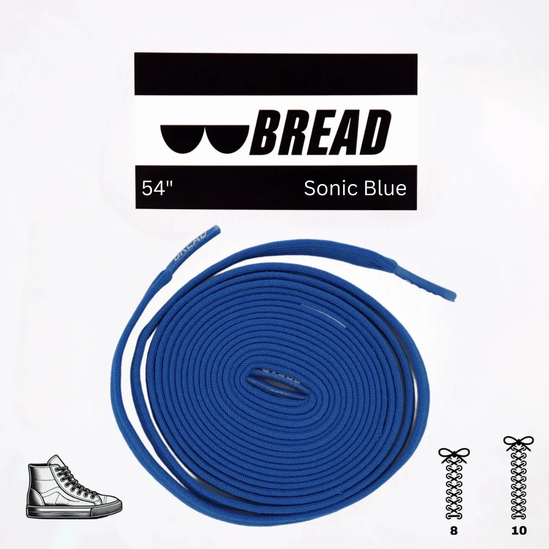 Sonic Blue elastic shoelaces by Bread, showing a close-up of vibrant blue stretch laces for sneakers or casual shoes.