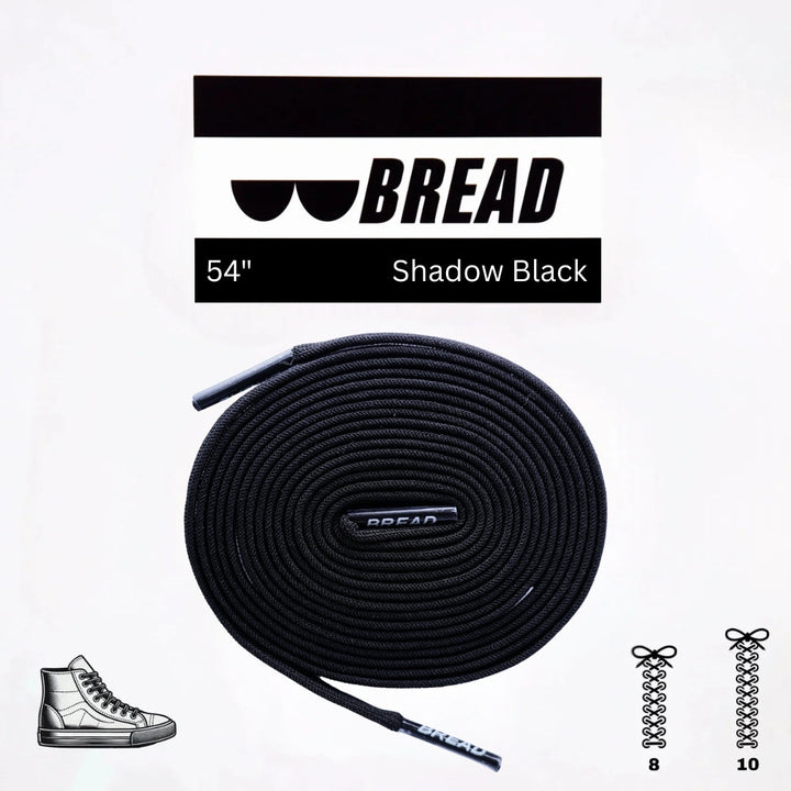 Black elastic shoelace by Bread, Shadow Black, shown with classic design and flexible fit for athletic and casual shoes.
