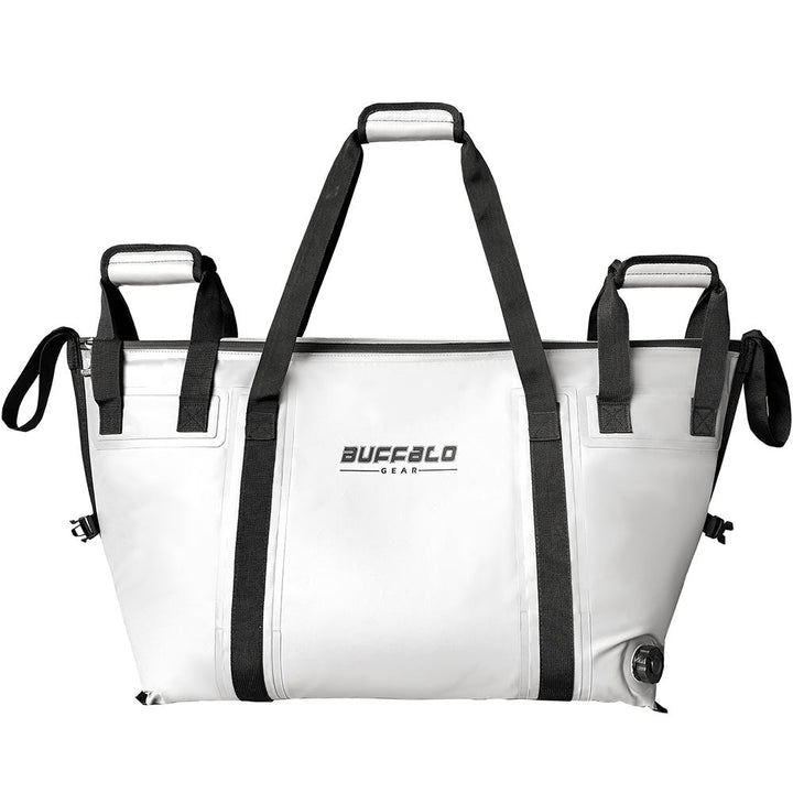 Buffalo Gear 58QT fish cooler bag with flat bottom, insulated for keeping catches fresh, durable and portable for fishing trips.