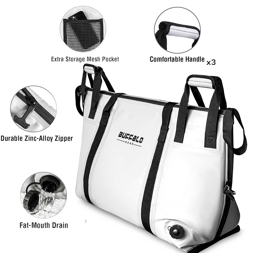 Buffalo Gear 58QT fish cooler bag with flat bottom, insulated outdoor cooler for fishing trips and outdoor activities.