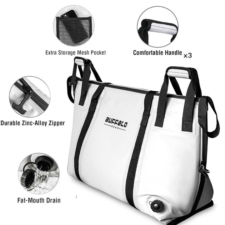 Buffalo Gear 58QT fish cooler bag with flat bottom, insulated outdoor cooler for fishing trips and outdoor activities.