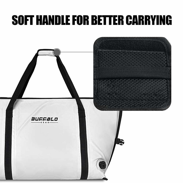 Buffalo Gear 58QT fish cooler bag with flat bottom, insulated outdoor cooler for fishing trips and keeping catches fresh.