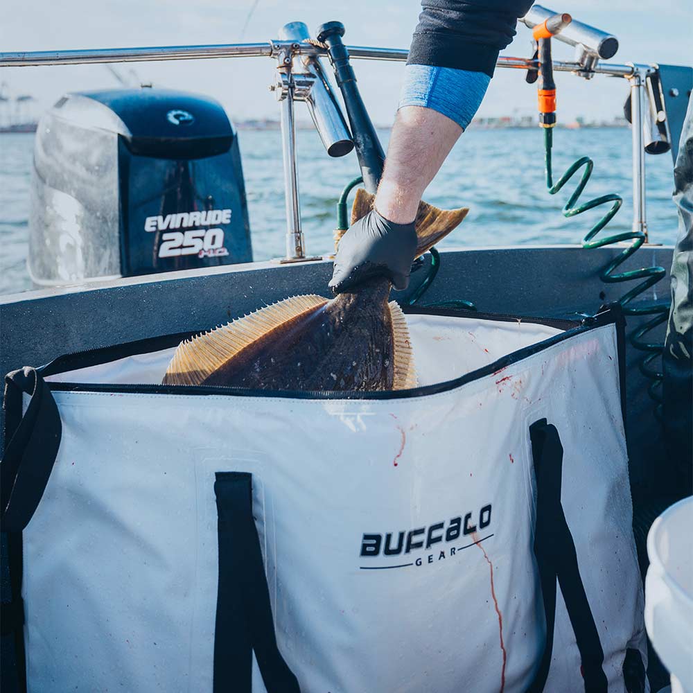 Buffalo Gear 58QT fish cooler bag with flat bottom, insulated fishing cooler for keeping catches fresh