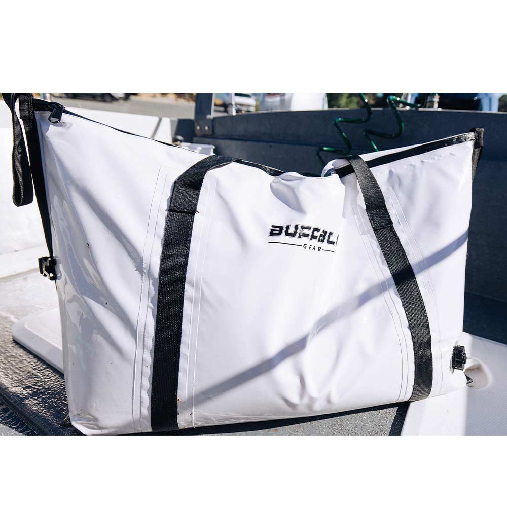 Buffalo Gear 58QT fish cooler bag with flat bottom, insulated soft-sided cooler for fishing and outdoor use.