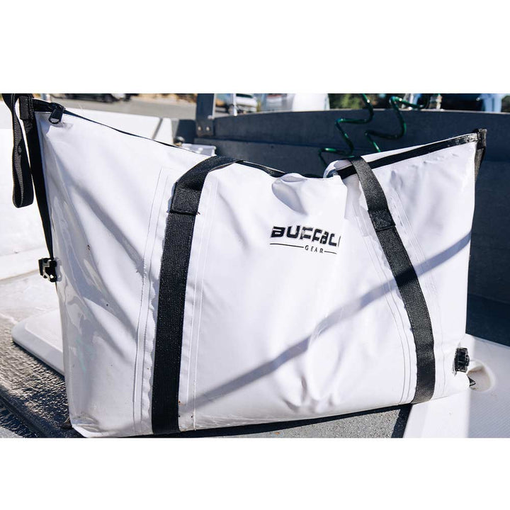 Buffalo Gear 58QT fish cooler bag with flat bottom, insulated soft-sided cooler for fishing and outdoor use.