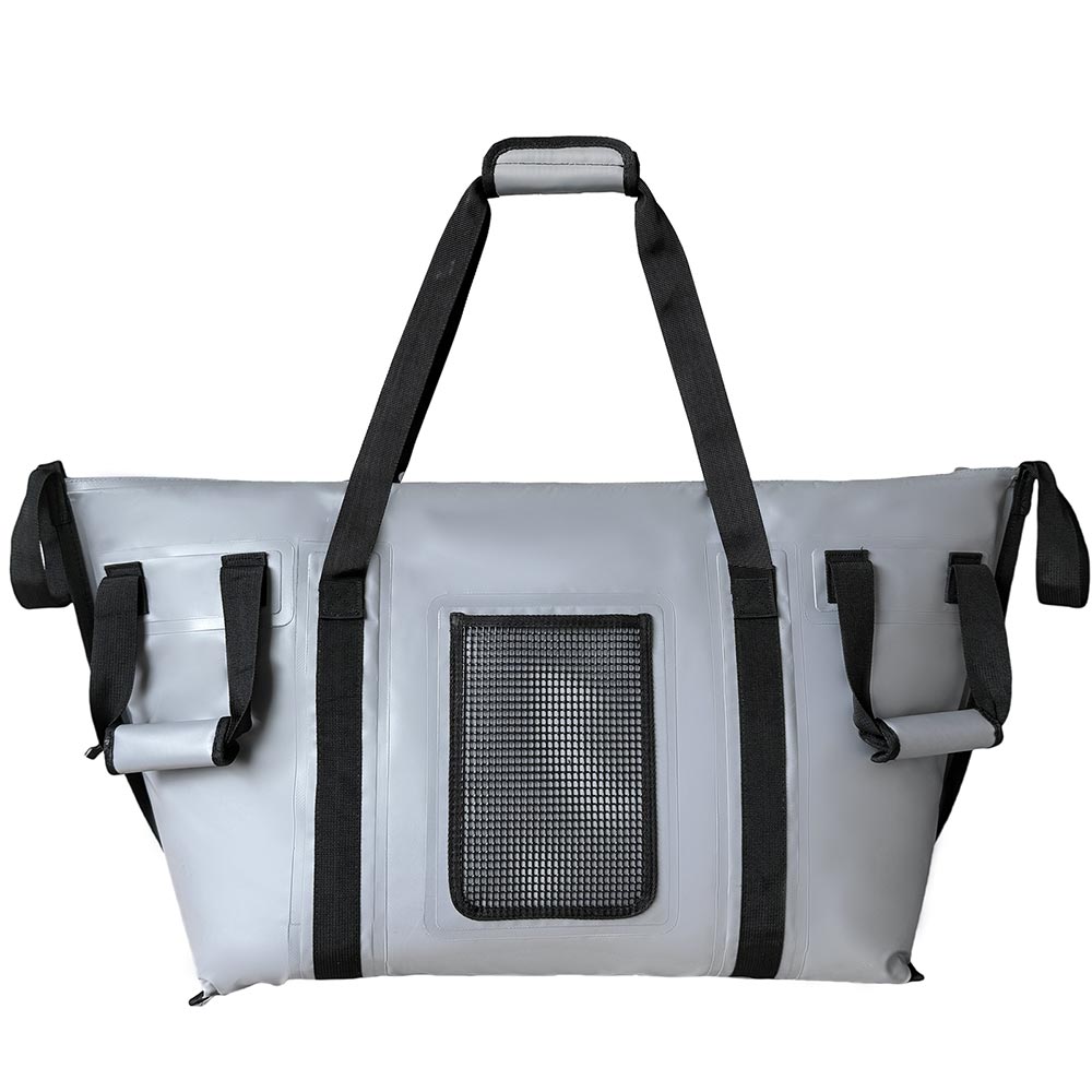 Buffalo Gear 58QT fish cooler bag with a flat bottom, designed for keeping catches fresh during fishing trips.