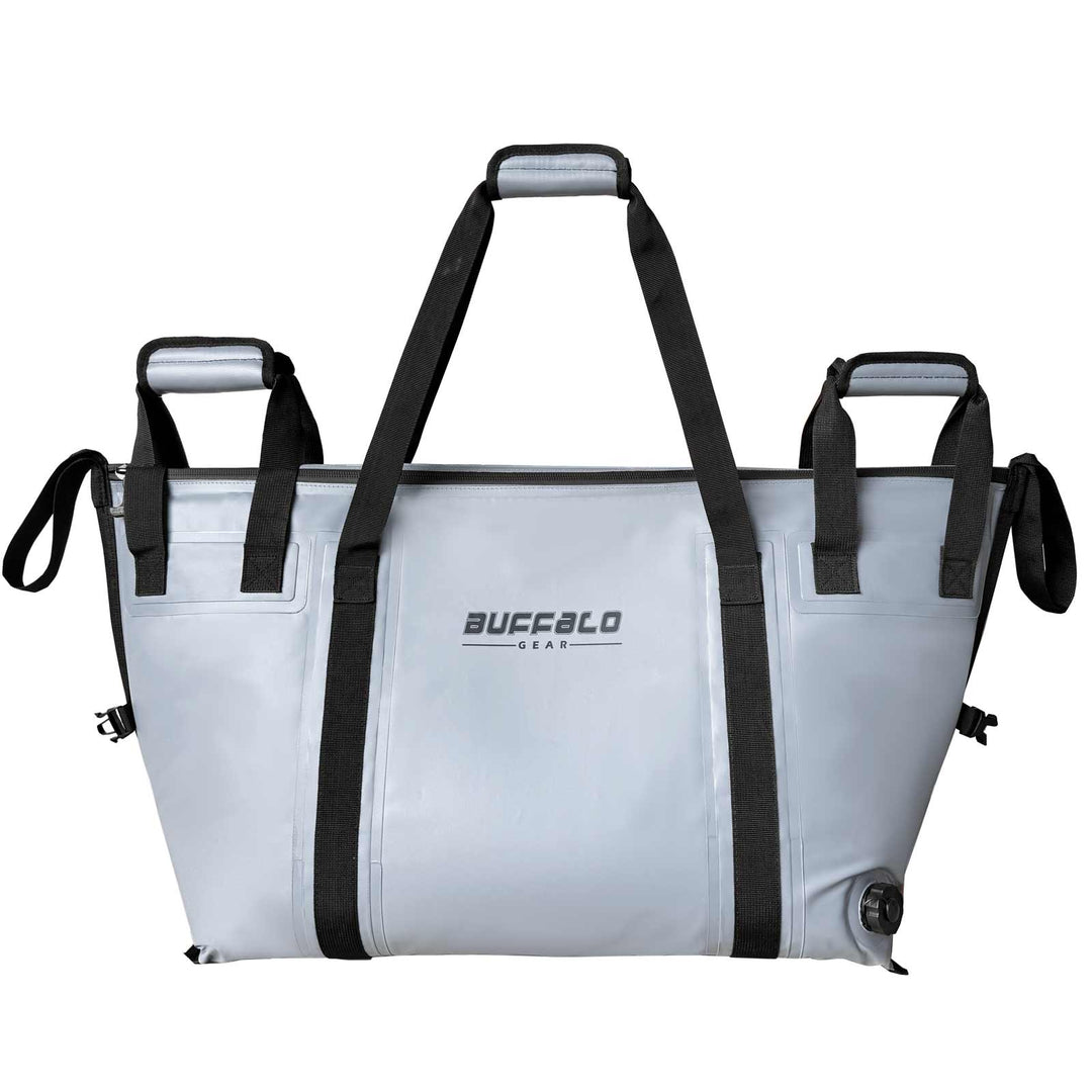 Buffalo Gear 58QT fish cooler bag with flat bottom, insulated outdoor cooler for fishing trips and keeping catch fresh.