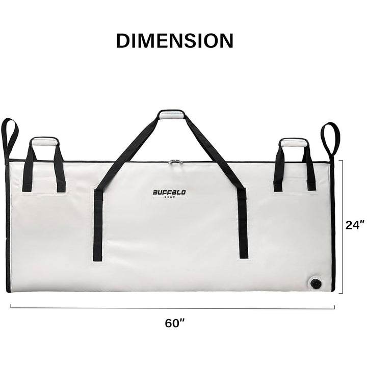 Buffalo Gear 60x24-inch fish cooler bag with durable YKK zipper, insulated for keeping fish fresh during transport.
