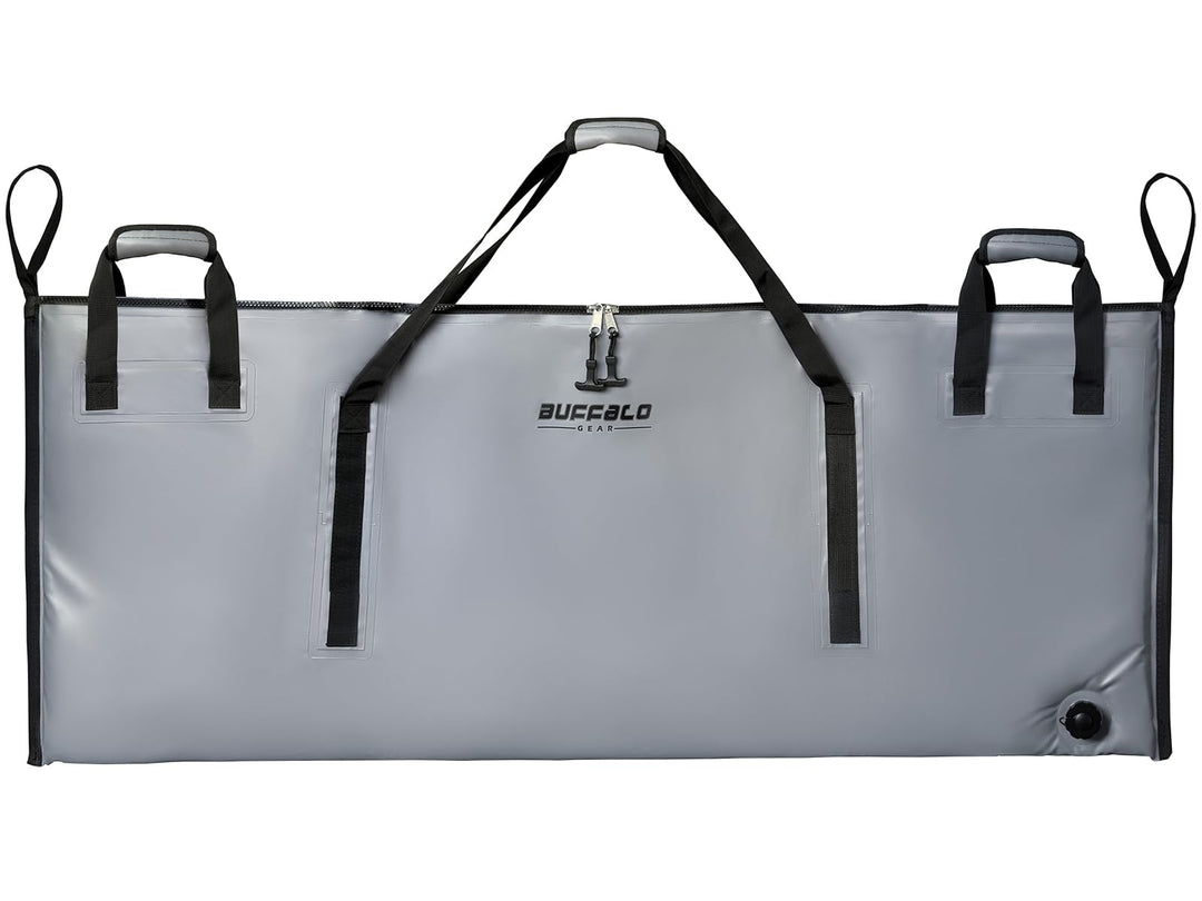 Buffalo Gear 60x24-inch fish cooler bag with YKK zipper, insulated storage for fishing trips and outdoor activities.