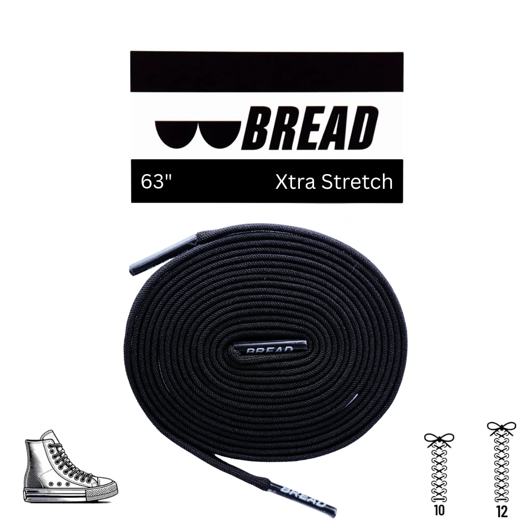 Black elastic shoelaces by Bread, shown in a close-up image, designed for a secure and comfortable fit on sneakers.