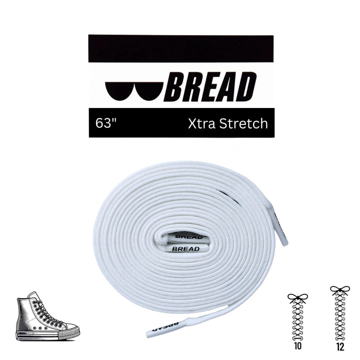 Elastic shoelace in Cloud White by Bread, showing the stretchy, soft white laces designed for comfortable shoe fastening.
