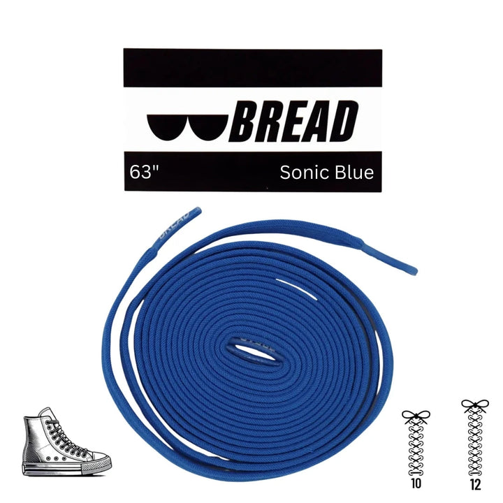 Blue elastic shoelace by Bread, showcasing a close-up of the stretchy, vibrant Sonic Blue lace for sneakers or casual shoes.