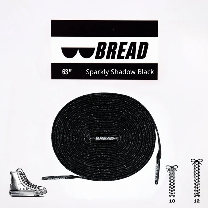 Sparkly black Bread elastic shoelace labeled Shadow Black, shown with tie-free design and shiny, flexible material.