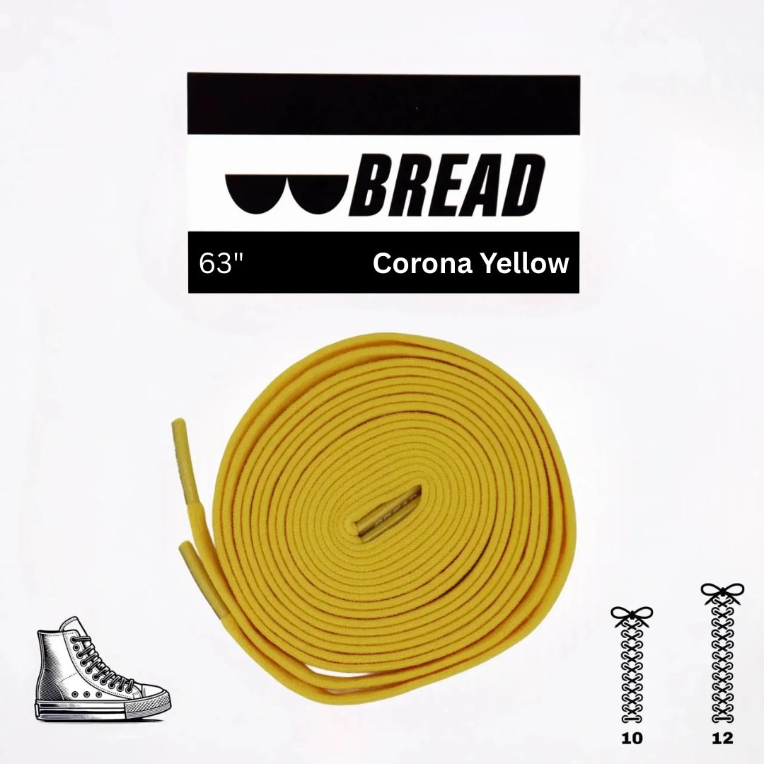 Yellow elastic shoelace by Bread with the Corona Yellow design, shown coiled with aglets and textured fabric details.