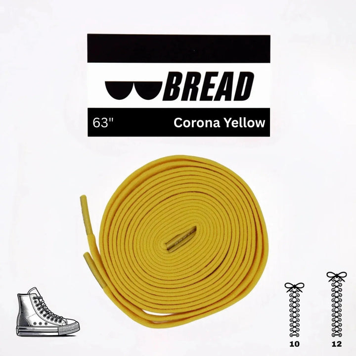 Yellow elastic shoelace by Bread with the Corona Yellow design, shown coiled with aglets and textured fabric details.