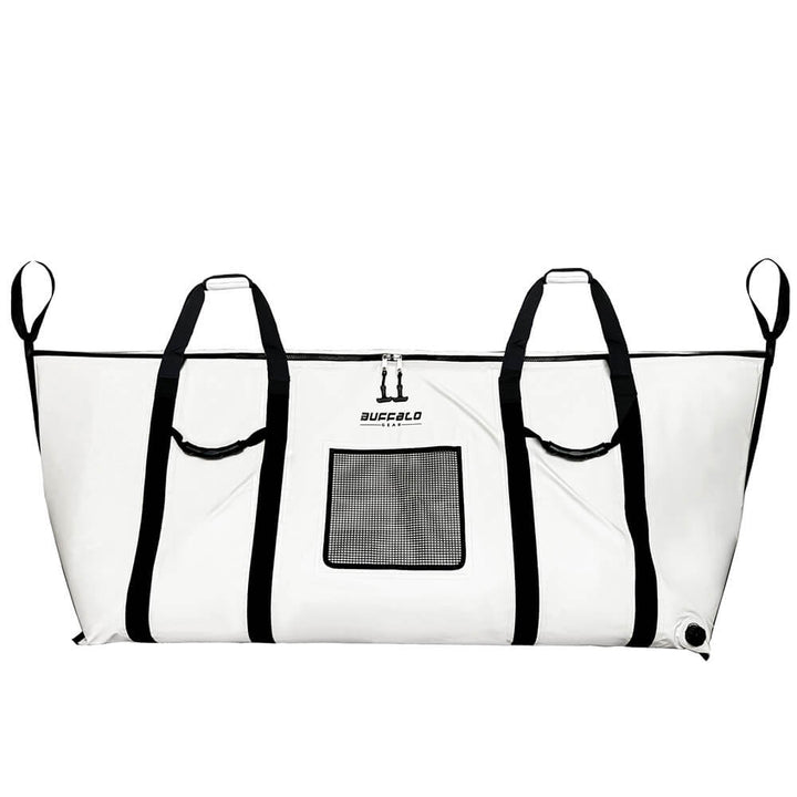 Buffalo Gear fish cooler bag, 72x30 inches with YKK zipper and flat bottom for keeping fish fresh during transport.