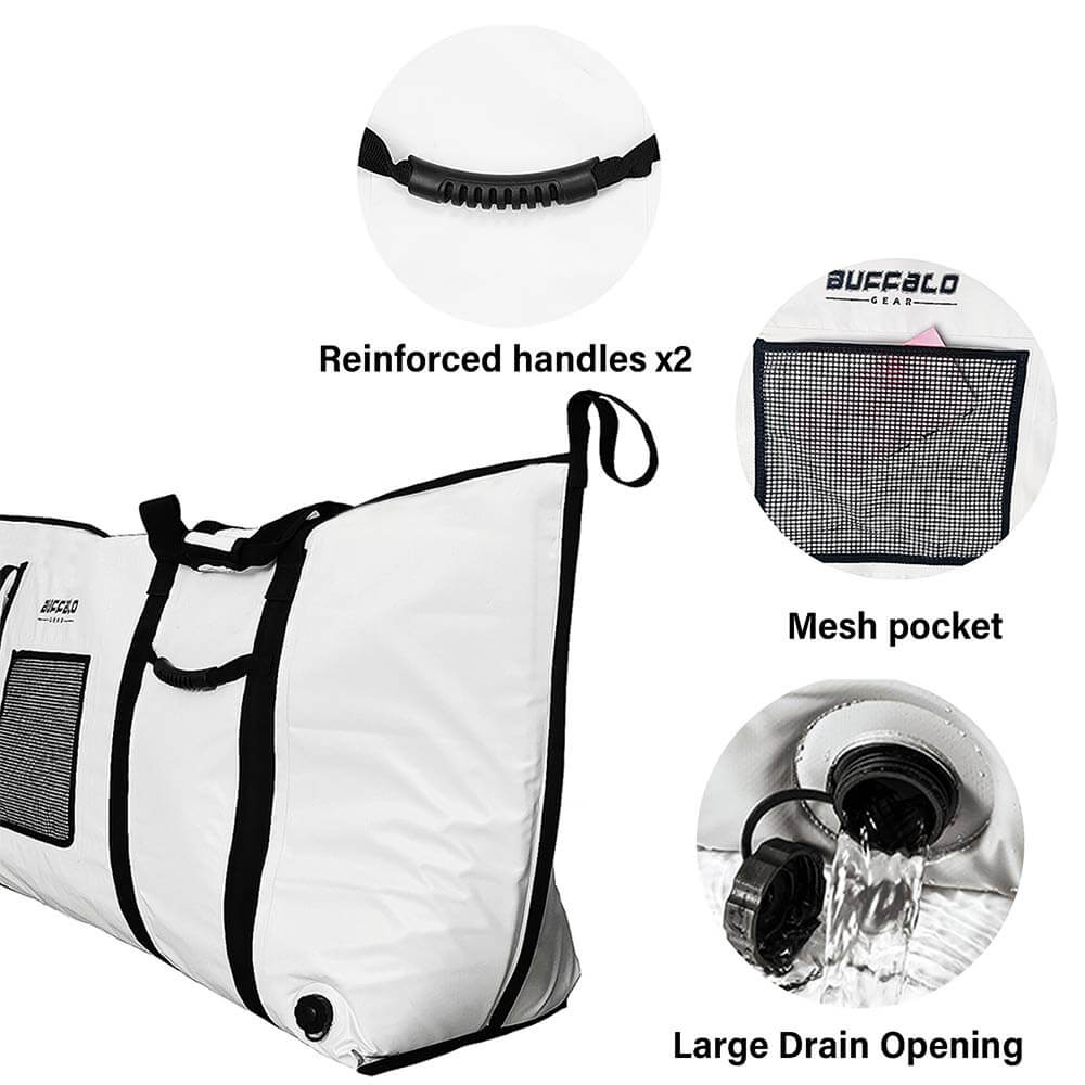 Buffalo Gear fish cooler bag, 72x30 inches, with YKK zipper and flat bottom, designed for keeping fish fresh during outdoor fishing trips.