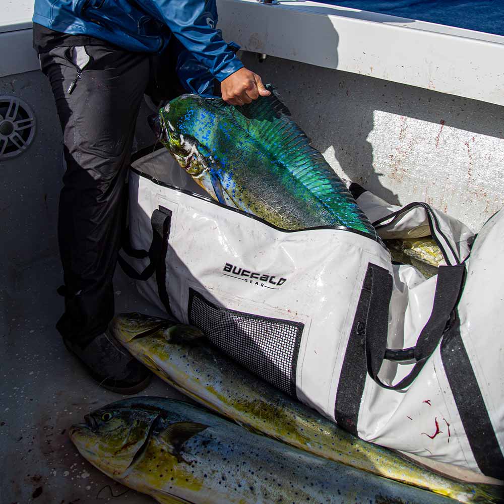 Buffalo Gear 72x30-inch fish cooler bag with YKK zipper and flat bottom for keeping fish fresh during transportation.