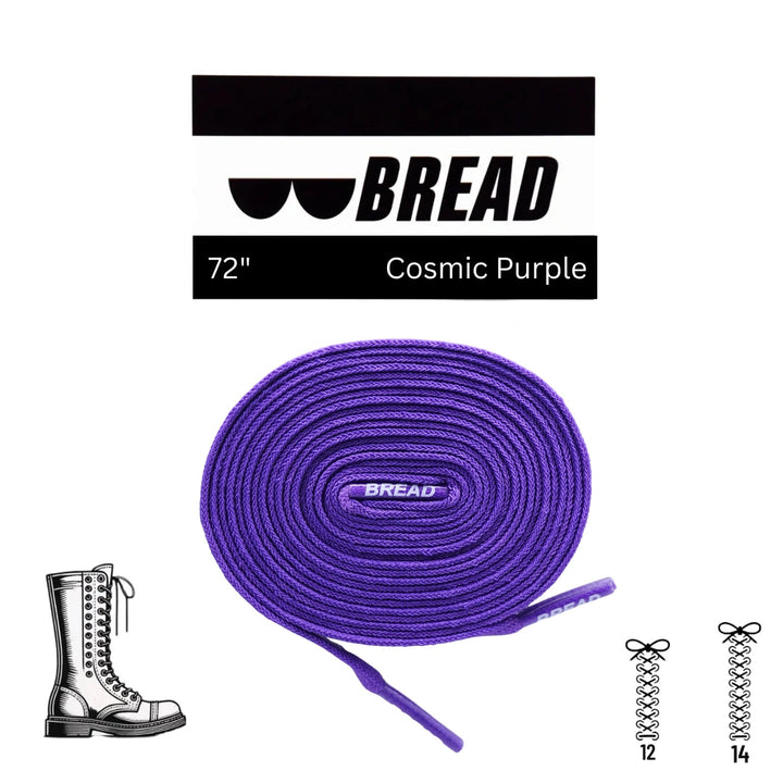 Cosmic Purple elastic shoelace by Bread, showing a close-up of the vibrant purple, stretchy laces for athletic or casual shoes.