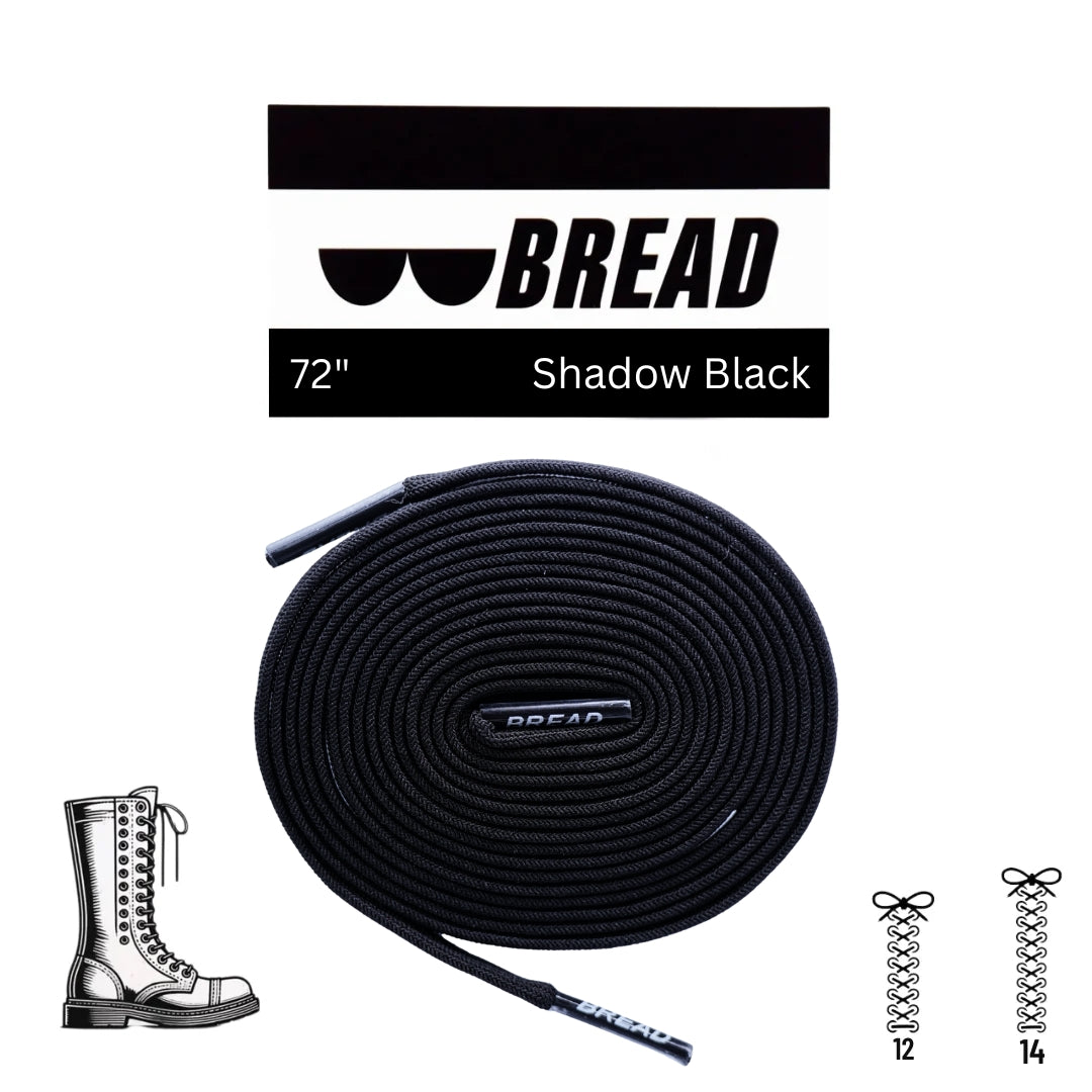 Black elastic shoelaces from Bread's Shadow Black collection, shown on a pair of classic shoes in the image.