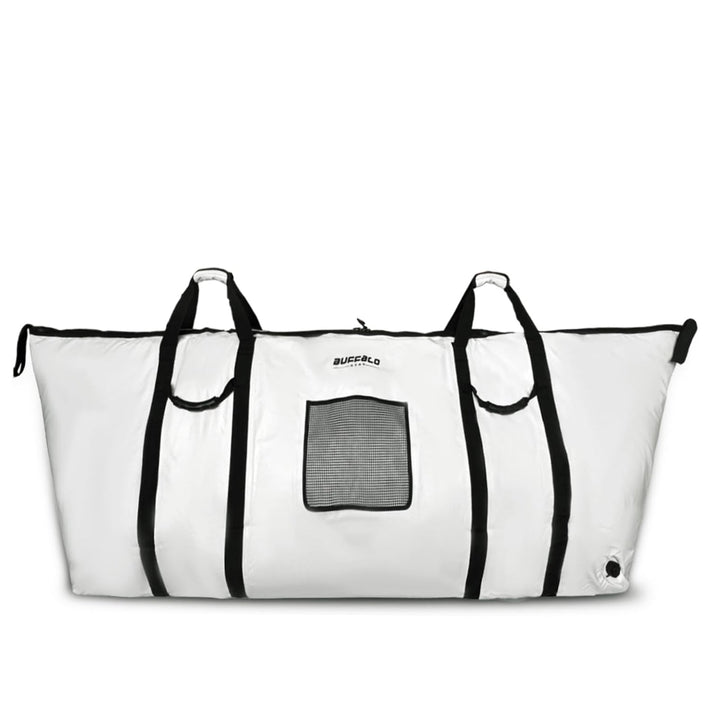 Buffalo Gear 90-inch fish cooler bag with YKK zipper, insulated fish storage bag for fishing trips and keeping catch fresh.