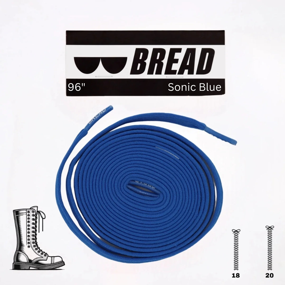 Blue elastic shoelace by Bread, showing the flexible, stretchy design ideal for comfortable footwear.