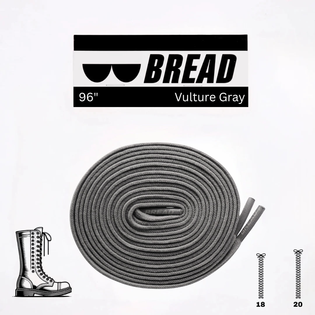 Gray elastic shoelace from Bread Vulture collection, shown in a close-up image of the stretchy, durable laces.
