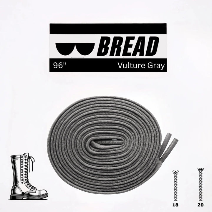 Gray elastic shoelace from Bread Vulture collection, shown in a close-up image of the stretchy, durable laces.