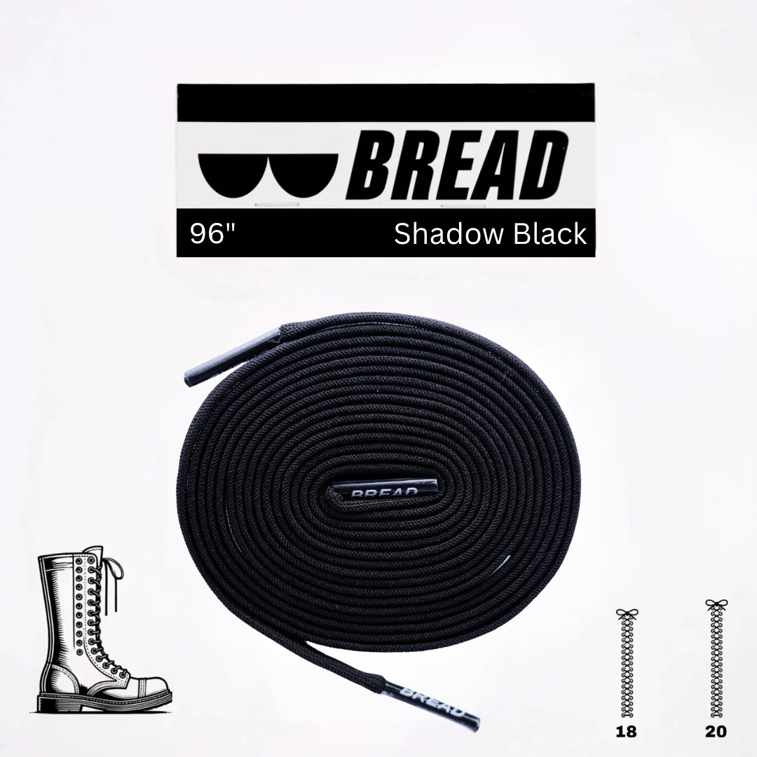 Black elastic shoelace by Bread, flexible and durable, shown in the Shadow Black color on a classic shoe.