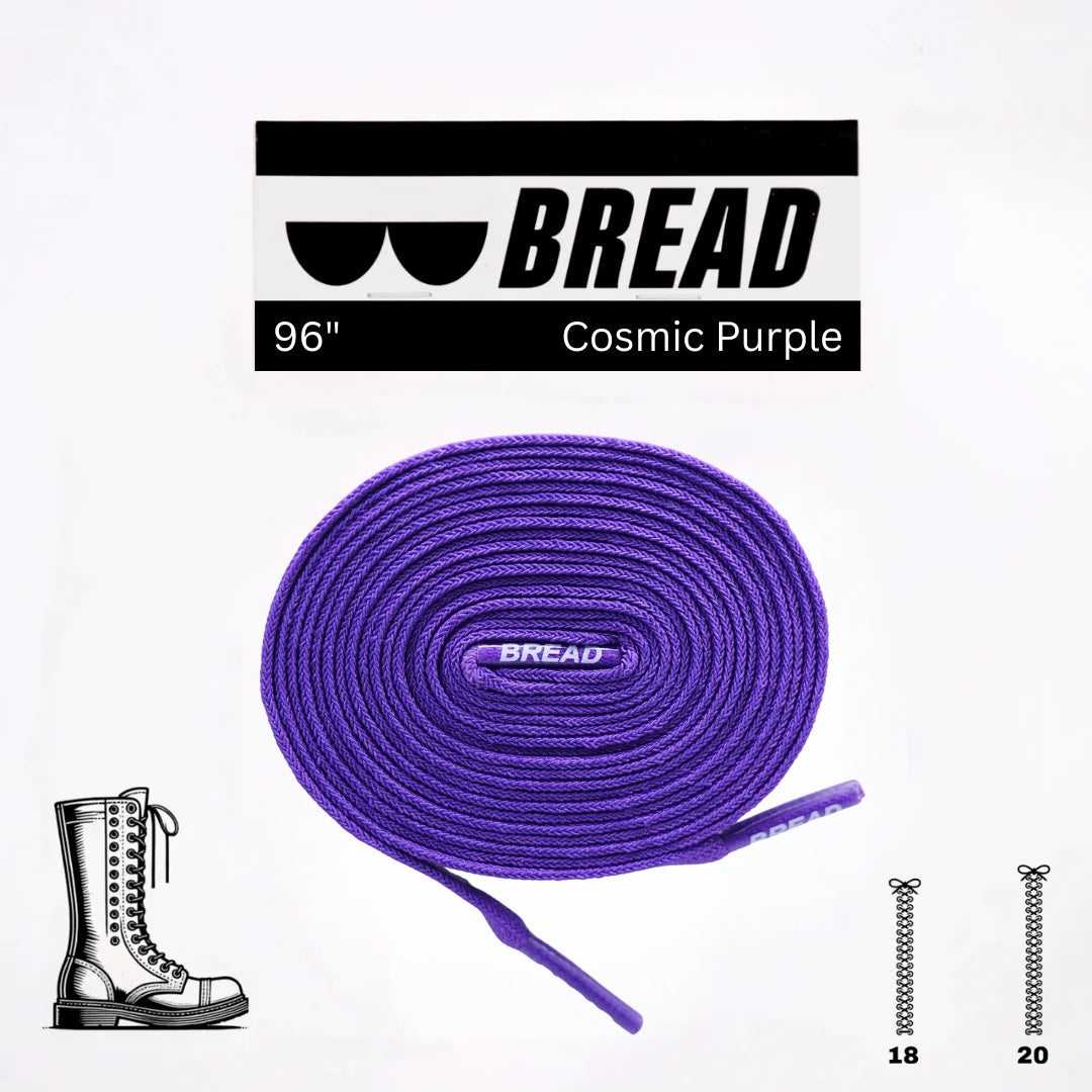 Elastic shoelace in cosmic purple by Bread, showing the vibrant, flexible cord with metal aglets for sneakers or casual shoes.
