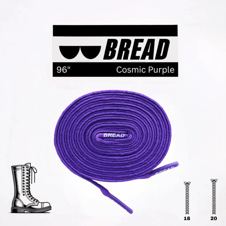 Elastic shoelace in cosmic purple by Bread, showing the vibrant, flexible cord with metal aglets for sneakers or casual shoes.