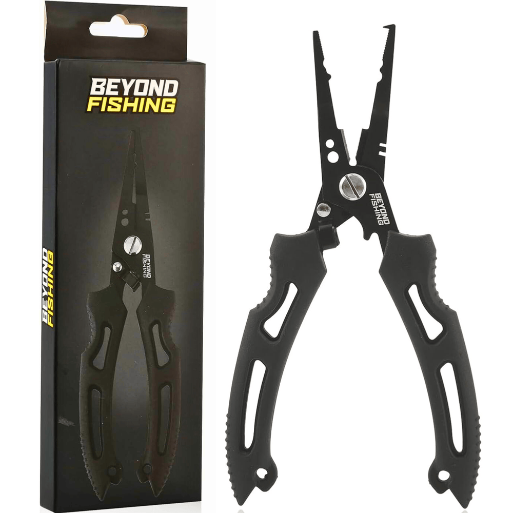 Beyond Braid QuickRig multifunction fishing pliers with ergonomic design, stainless steel tips, and built-in line cutter.