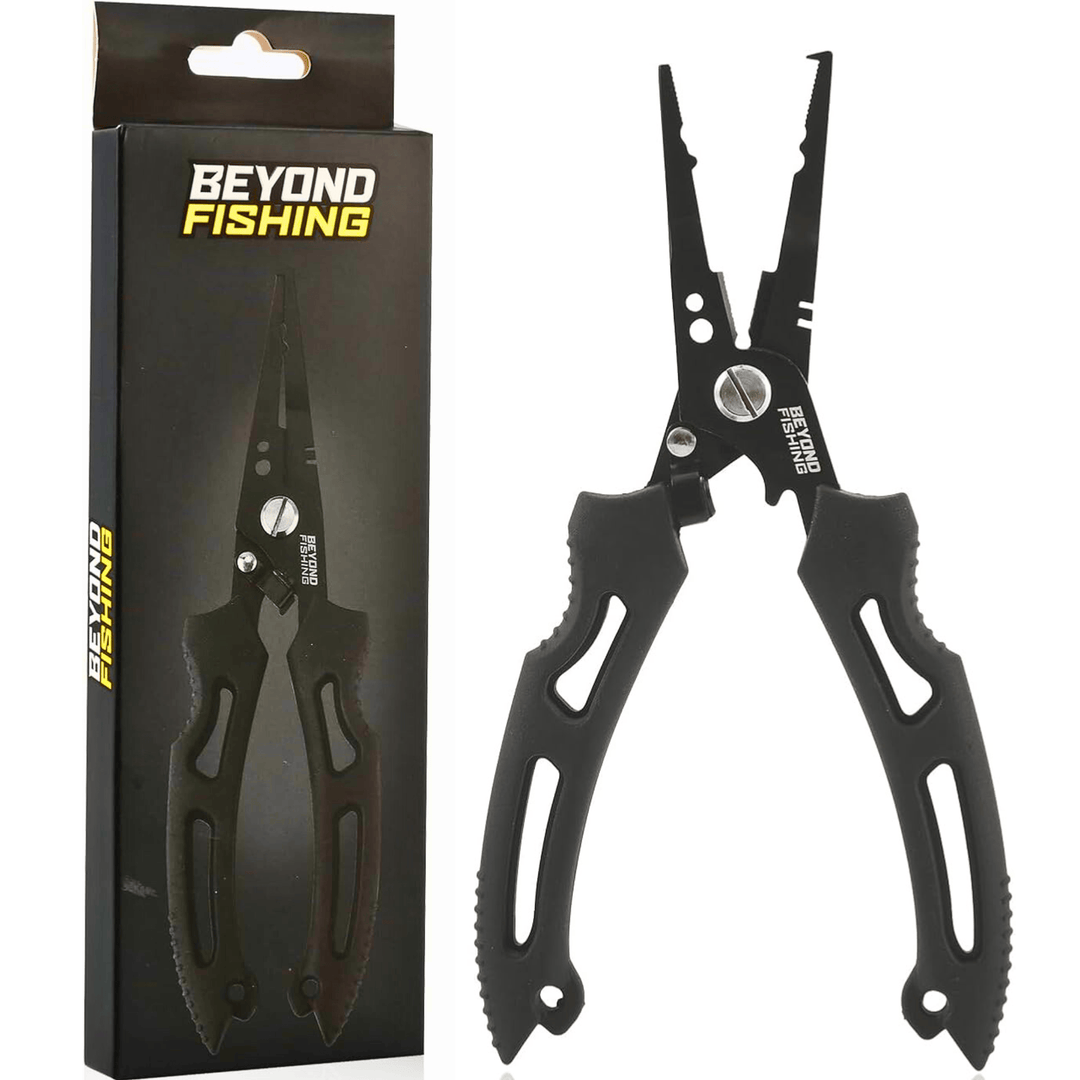 Beyond Braid QuickRig multifunction fishing pliers with ergonomic design, stainless steel tips, and built-in line cutter.