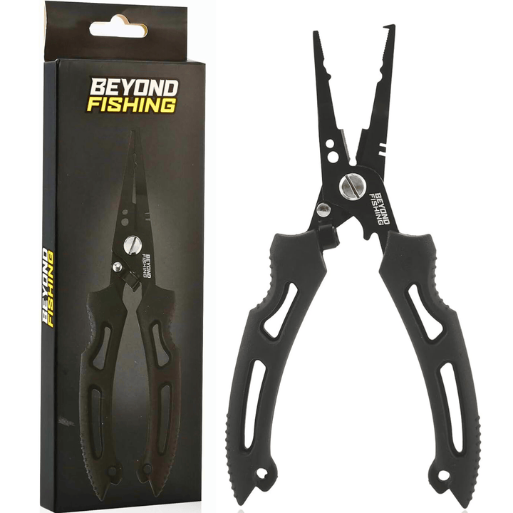 Beyond Braid QuickRig multifunction fishing pliers with ergonomic design, stainless steel tips, and built-in line cutter.