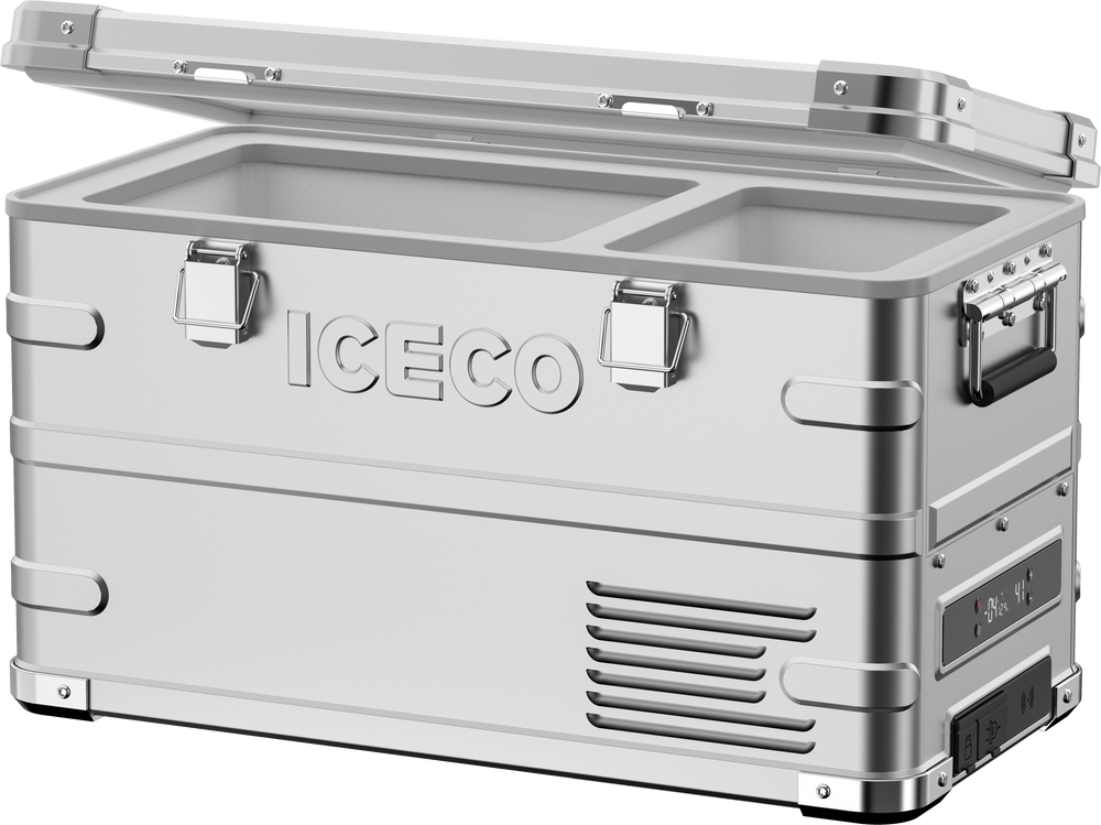 Open APL35 Dual Zone Aluminum Fridge by ICECO showing interior with dual compartments and storage space in the APL Series.