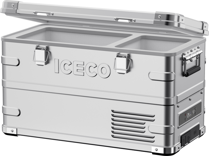 Open APL35 Dual Zone Aluminum Fridge by ICECO showing interior with dual compartments and storage space in the APL Series.