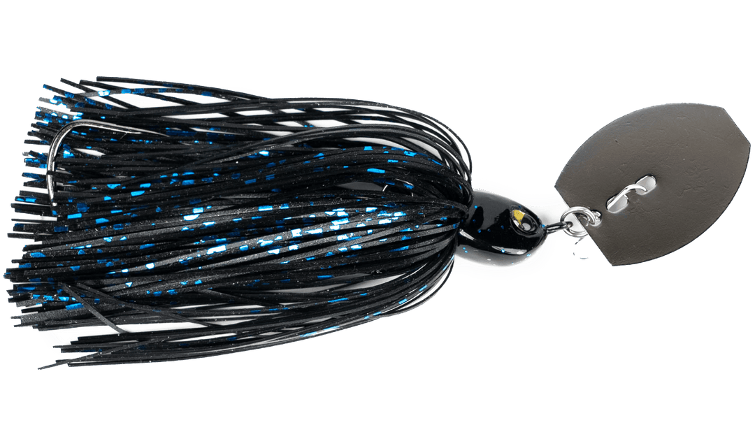 Black and blue G-Ratt Baits Weedless Vibrating Jig fishing lure with a sleek design and vibrating action for bass fishing.