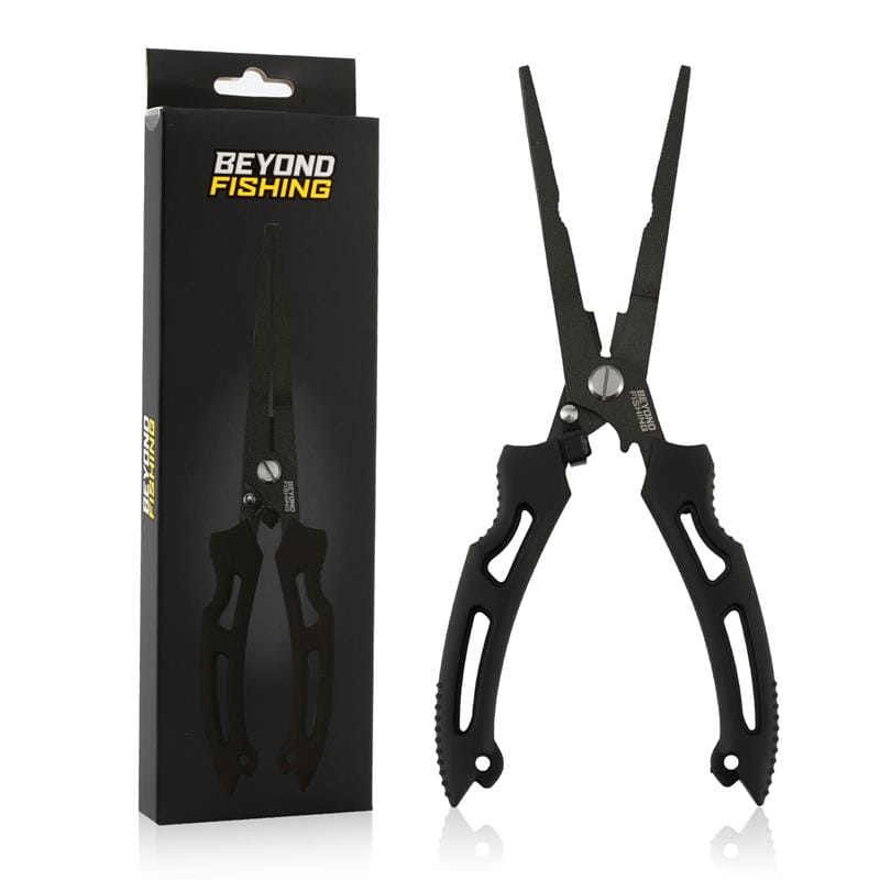 Beyond Braid 8.5-inch long nose fishing pliers in black, featuring ergonomic design for precise fishing line and tackle work.