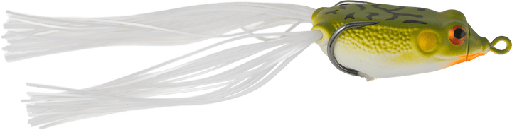G-Ratt Baits Con Frog fishing lure in white and green, designed to mimic a frog for bass fishing success.