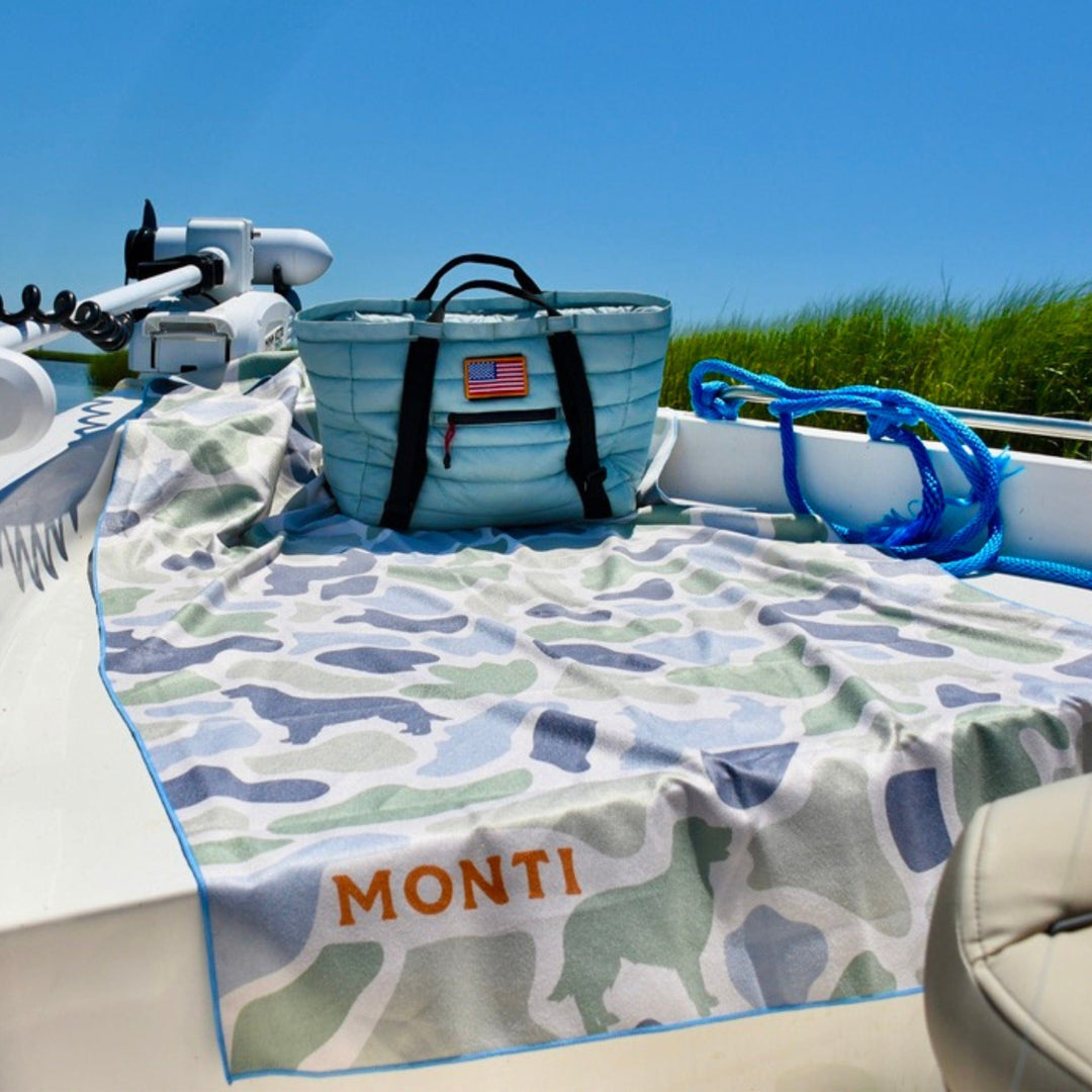 Camo The Big Ass Towel by Monti Coolers, large absorbent towel with camouflage pattern, ideal for beach or outdoor use