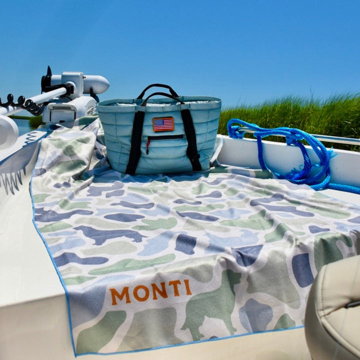 Camo The Big Ass Towel by Monti Coolers, large absorbent towel with camouflage pattern, ideal for beach or outdoor use