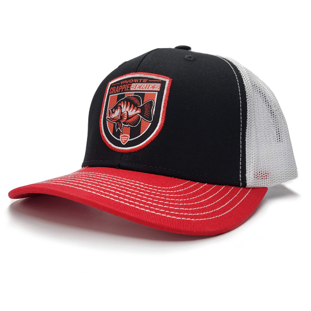 Favorite Fishing Crappie Series Hat, adjustable cap with crappie fishing logo, lightweight and comfortable for outdoor wear.