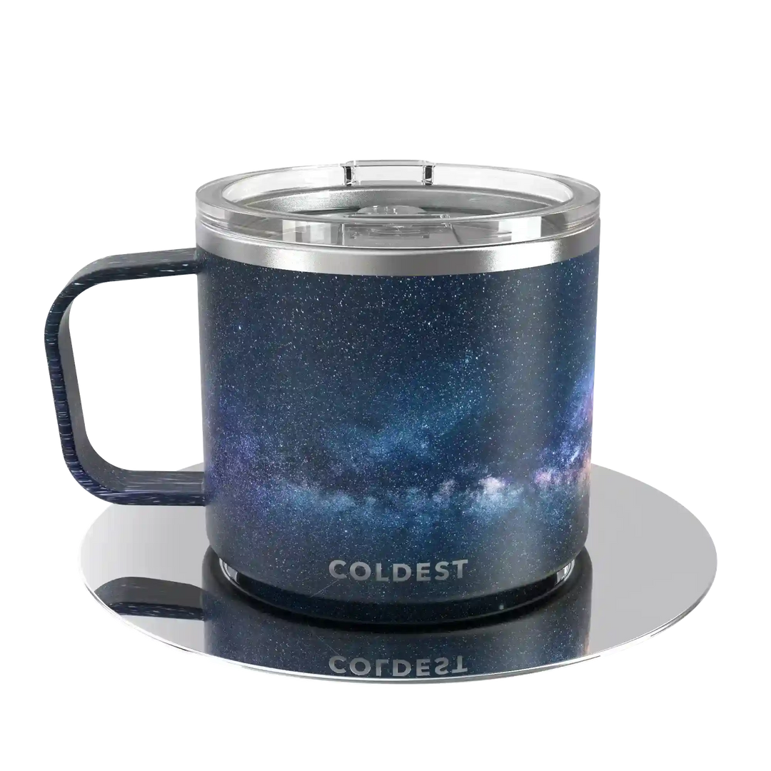 Coldest insulated espresso mug with a sleek, black design, featuring a stainless steel exterior and a secure lid for hot beverages.