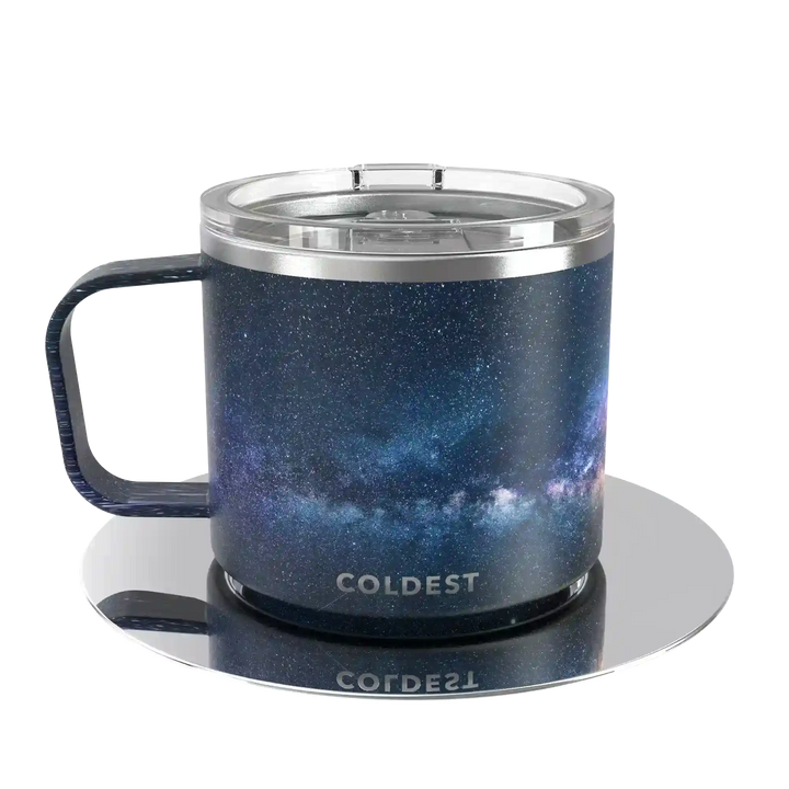 Coldest insulated espresso mug with a sleek, black design, featuring a stainless steel exterior and a secure lid for hot beverages.